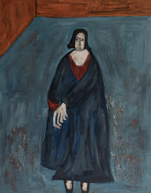 obrazy ORYGINAŁ. Obraz na płótnie - Kobieta w niebieskim płaszczu 50x40 cm