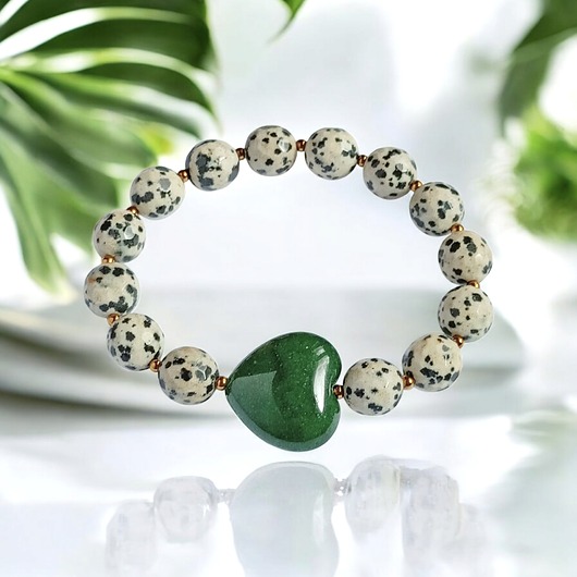 bransoletki z kamieni naturalnych Jaspis dalmatyński i serce : ciemna zieleń : bransoletka na gumce