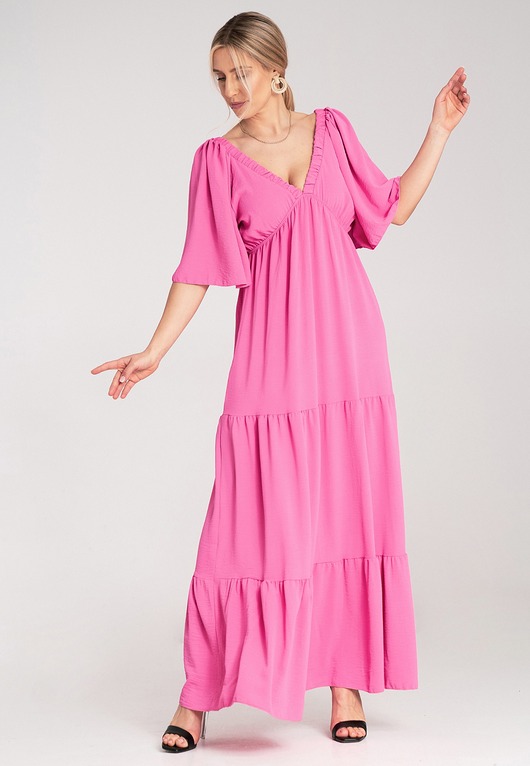 sukienki maxi damskie Długa sukienka maxi z dekoltem w serek i rękawem kimono - M1185