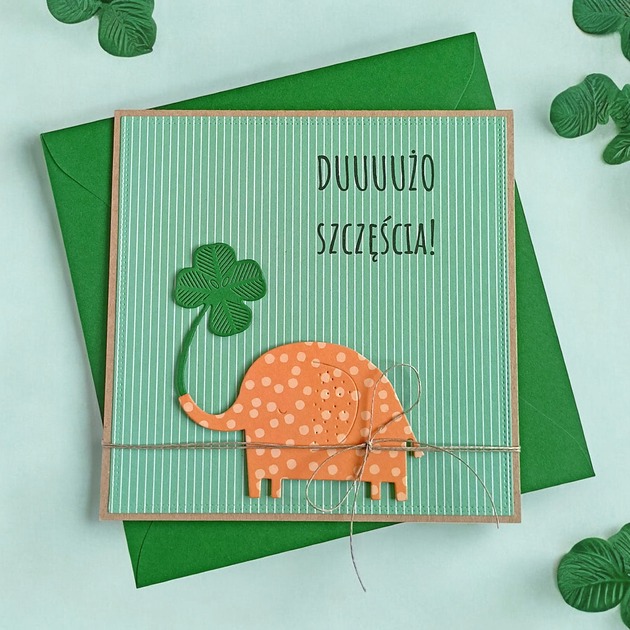 kartki scrapbooking Dużo szczęścia - urocza, uniwersalna kartka - słonik, koniczynka