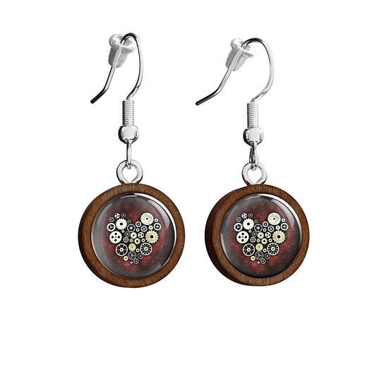 kolczyki drewniane Kolczyki drewniane - Serce steampunk bordo - wiszące