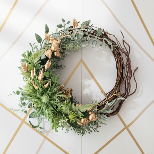 wianki bożonarodzeniowe Fantazyjny wieniec na drzwi zieleń i złoto (26cm)