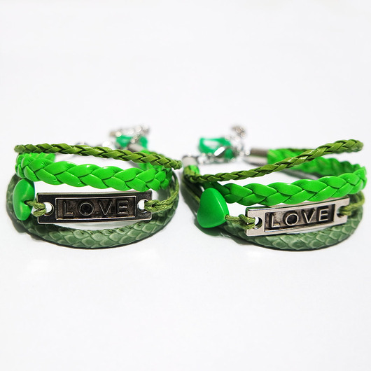 bransoletki - inne Bransoletki - Zielone Love - rzemienie, 2 sztuki