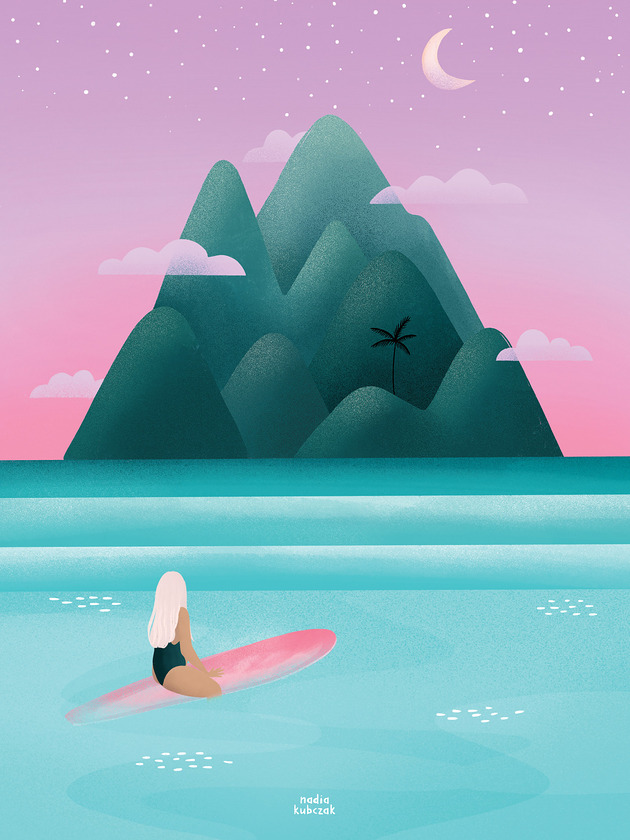 grafiki i ilustracje Plakat -  Moon Island / Surfing z Księżycem