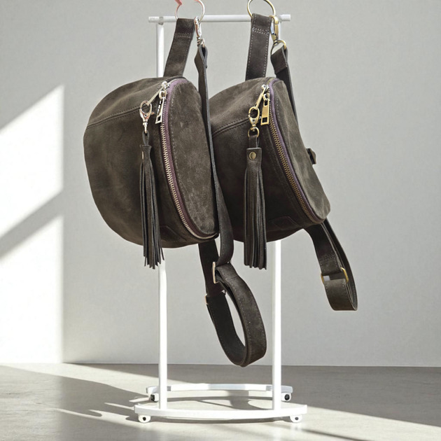 saszetka nerka Duża nerka saszetka oliwka. Skóra zamszowa z frędzlami - nikiel