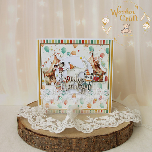 kartki scrapbooking Dziecięca kartka urodzinowa, prezent na urodziny, roczek "Circus" GOTOWA