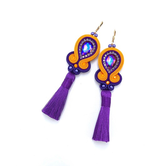 kolczyki soutache Kolczyki sutasz z chwostami pomarańczowo fioletowe kolorowe Jolly