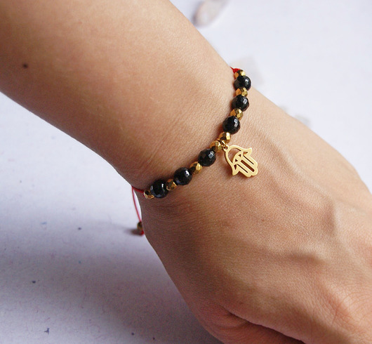 bransoletki z kamieni naturalnych Ochronna bransoletka - czarny turmalin, hamsa
