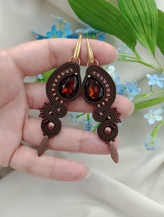 kolczyki soutache Długie kolczyki sutasz na wesele, brązowe czekoladowe kolczyki