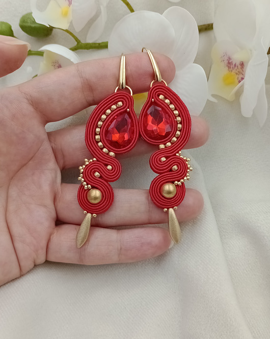 kolczyki soutache Długie kolczyki sutasz na wesele, czerwone kolczyki