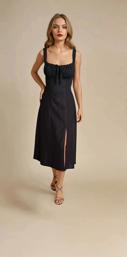 sukienki midi damskie Sukienka Livia - 100% naturalny len, czarna