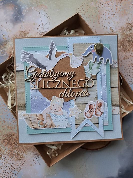 kartki scrapbooking Kartka z okazji narodzin synka (w pudełku)