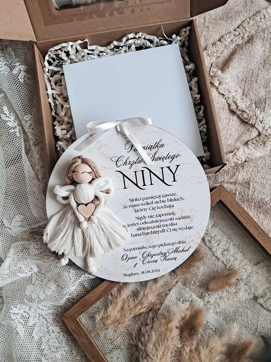 kartki, zaproszenia na chrzest ANIOŁ Personalizowana kartka tabliczka pamiątka chrztu świętego