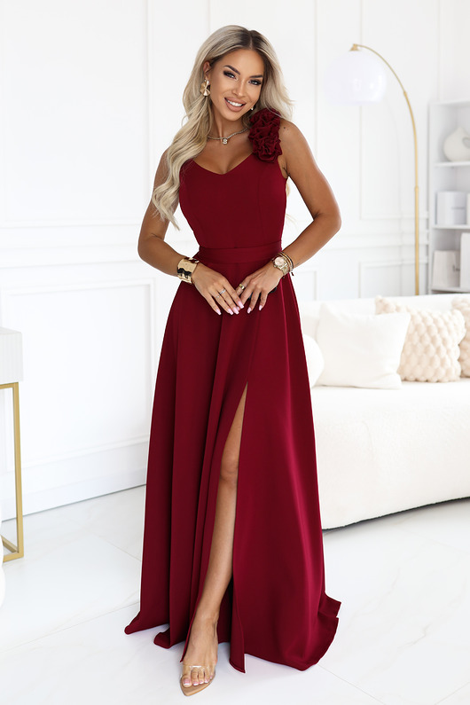 sukienki maxi damskie 643-9 Elegancka wieczorowa suknia maxi z rozcięciem i różami - bordowa