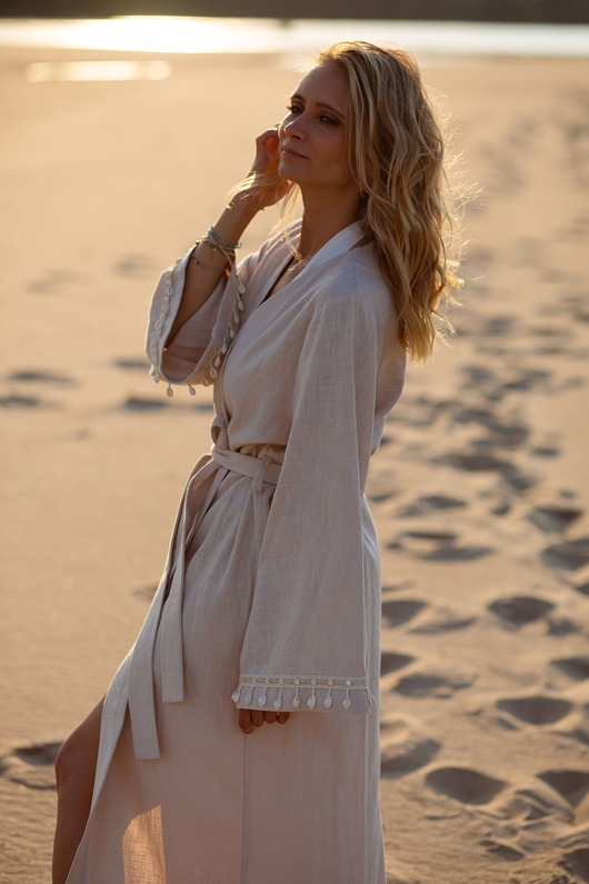 sukienki maxi damskie Kimono Moon Crystal - len  piaskowy beż