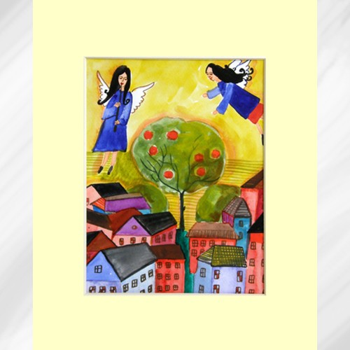 &quot;Anioły z miasteczka&quot; akwarela 18x24cm Dabrowski