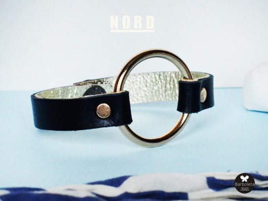 NORD black ring bransoletka skórzana barboleta
