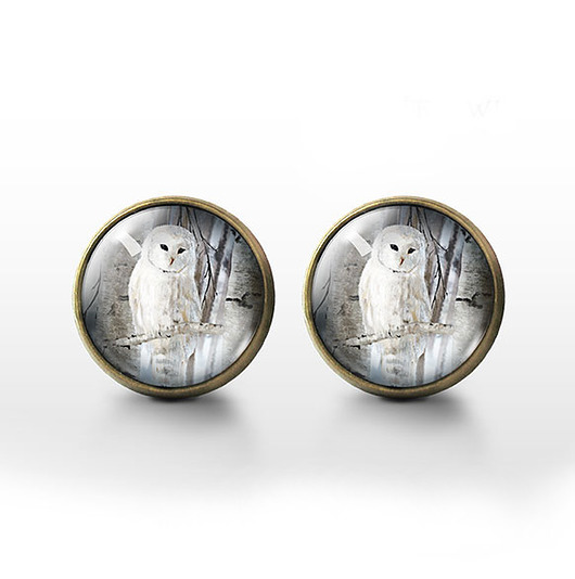 kolczyki szklane Kolczyki sztyfty - Biała sowa - brąz