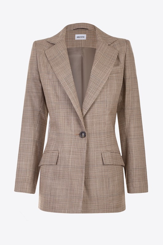 marynarki damskie Wełniana marynarka w kratę beżowa