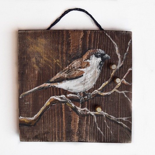 obrazy Ptak wróbel obraz miniatura malowany na desce /18/