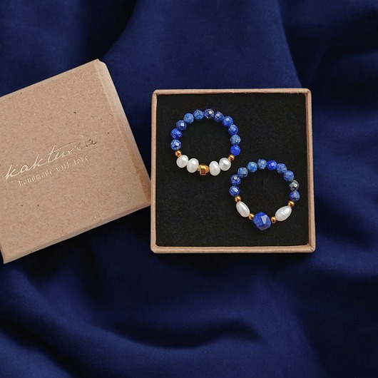 pierścionki elastyczne PREMIUM : zestaw pierścionków : lapis lazuli, perły