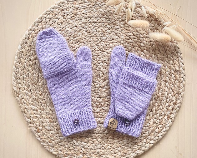 rękawiczki damskie Moherowe rękawiczki z klapką liliowe