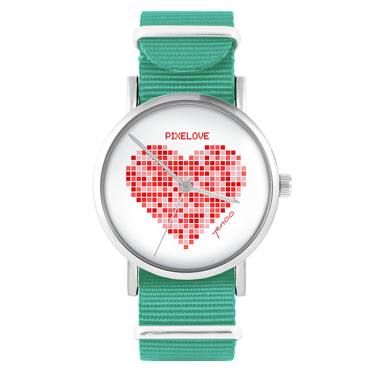 zegarki damskie Zegarek - Serce pikselowe - turkusowy, nylonowy