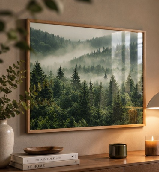 fotografia PLAKAT las we mgle zdjęcie lasu zielony