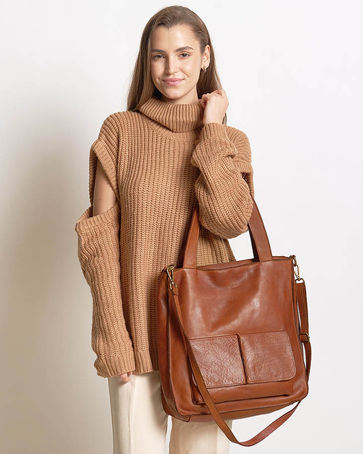torby na ramię Torebka damska shopper A4 skóra naturalna - MARCO MAZZINI brąz camel