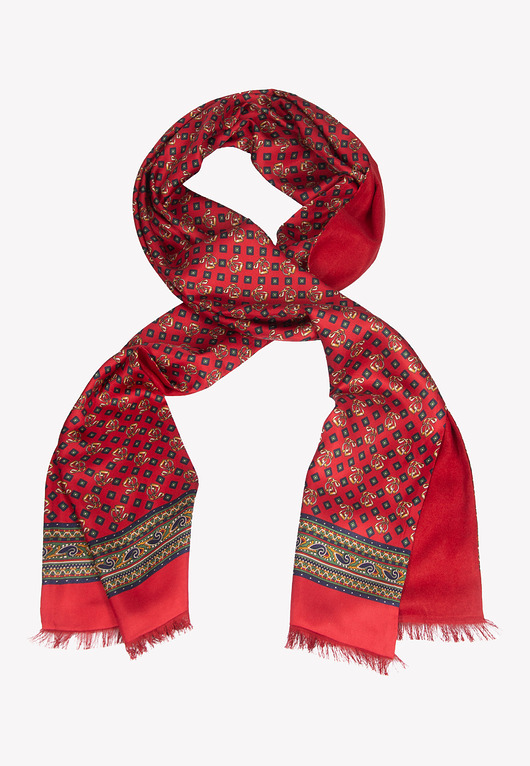 tuby i kominy Ekskluzywny szal męski jedwabny czerwony we wzory 30x180 cm