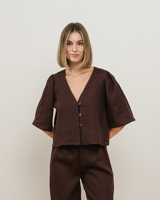 koszule damskie  Bluzka lniana czekoladowa