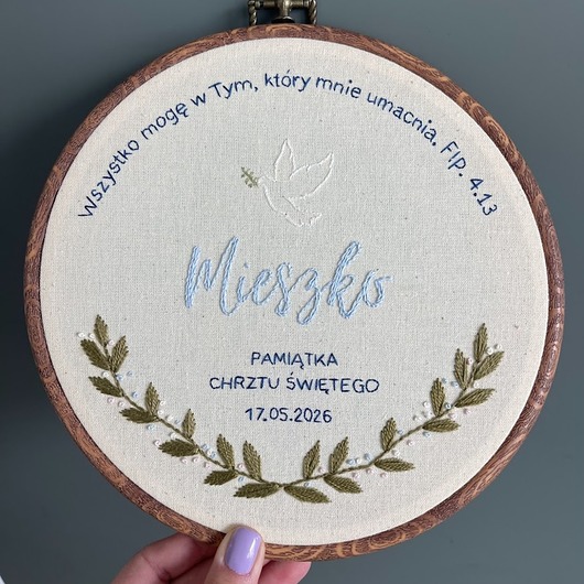 Chrzest - inne Tamborek haftowany, metryczka, pamiątka Chrztu Świętego