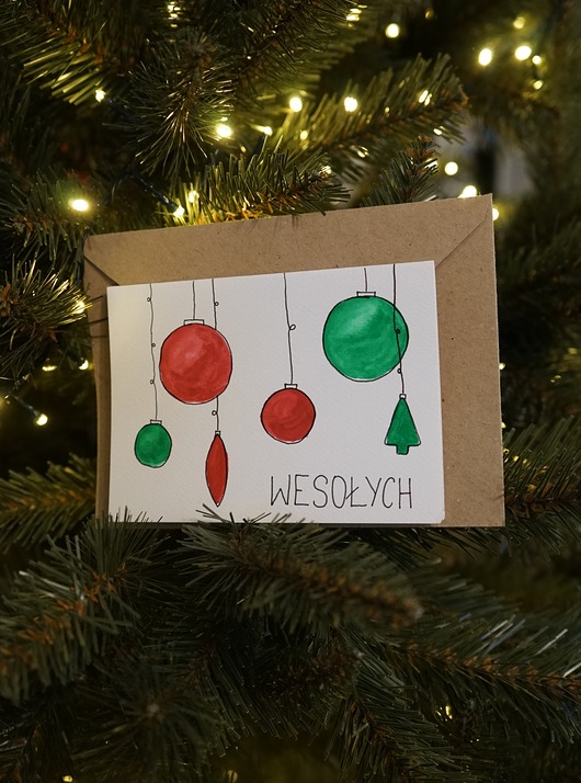 kartki scrapbooking Kartka Świąteczna Wesołych Bombki, akwarela.