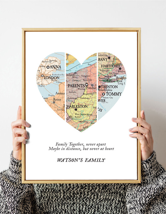 Plakat Personalizowana mapa serca 3 lokalizacje RODZINA wejustlikeprints