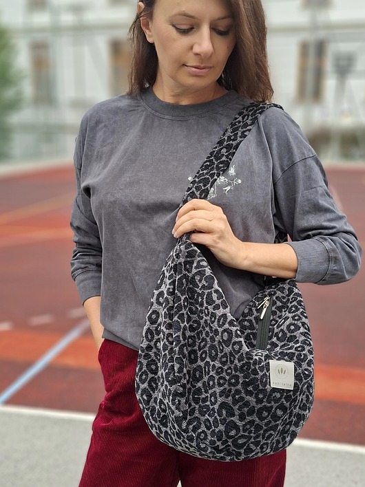 torby na ramię Torba worek z żakardowej tkaniny w panterkę Szara