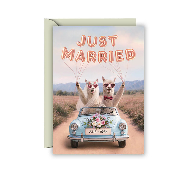 kartki okolicznościowe - wydruki Kartka Ślubna "Just Married" Personalizowana, Zabawne Alpaki w Samochodzie