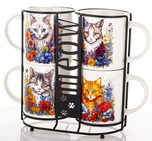 kubki i filiżanki Komplet 4 kubków na stojaku 21x27x10 cm MEOW 350 ml