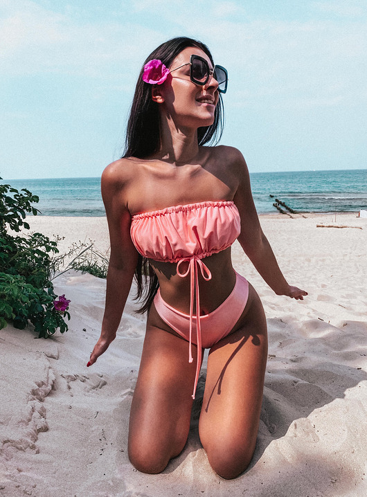 stroje kąpielowe i kostiumy kąpielowe damskie Komplet bikini brzoskwiniowy top bandeau z wiązaniem Manila