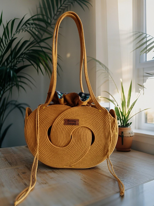 torby na ramię Torebka handmade ze sznurka Pierścienie musztardowa
