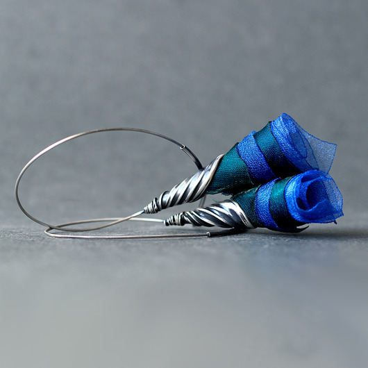 kolczyki wire wrapping Srebrne kolczyki koła pawie pióra