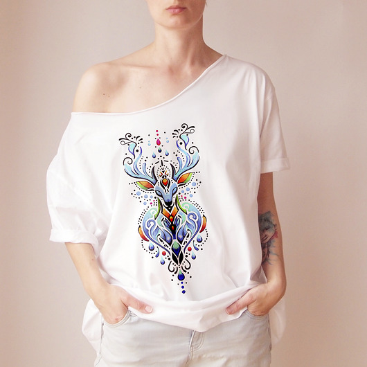 t-shirt damskie Folkowy jeleń kolory Biały Oversize