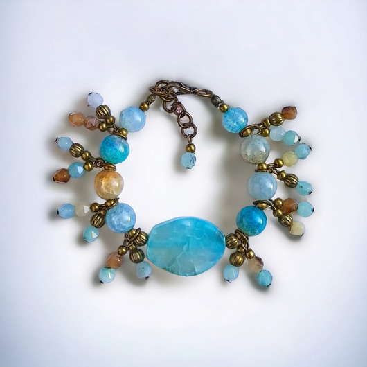 bransoletki z kamieni naturalnych UNIKATOWA bransoletka : okazała : agat aqua : stare złoto