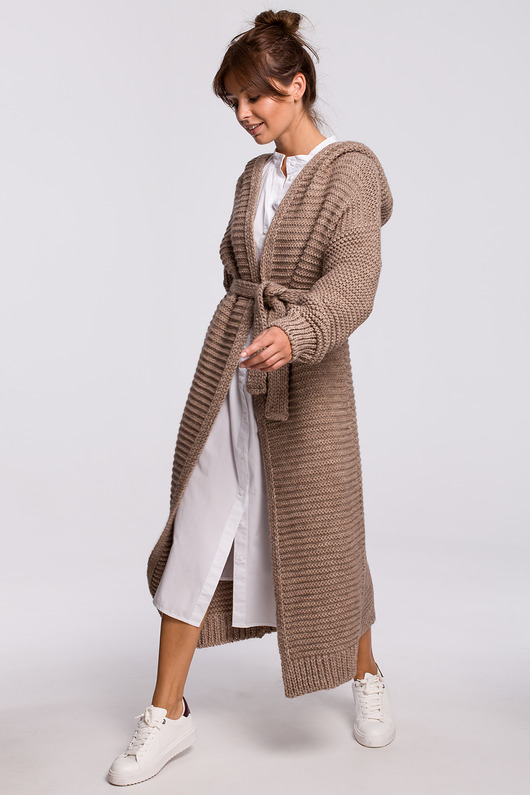 kardigany damskie Długi kardigan z kapturem - cappuccino(BK-054)