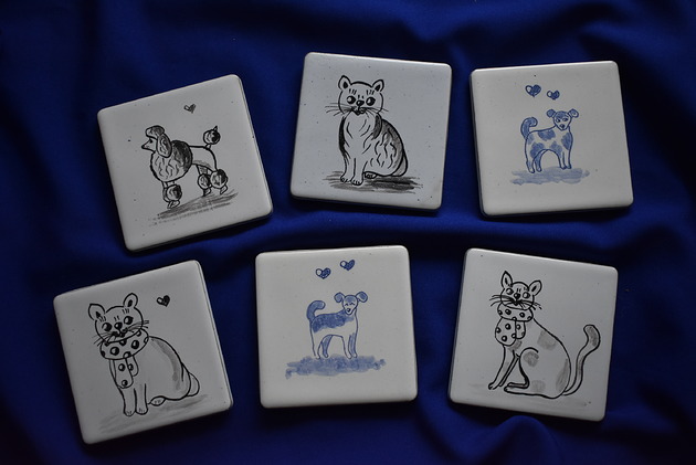 podkładki do kuchni Podkładki pod kubki kafelki psy koty kobaltowe