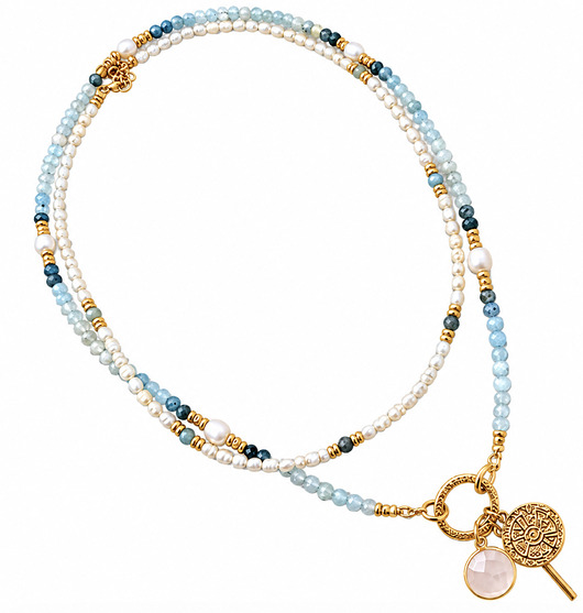 korale AMALFI ROSE  - dwa naszyjniki- Akwamaryn i perły