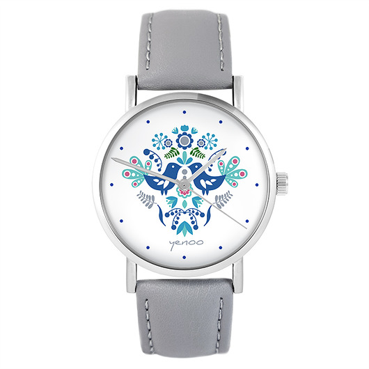 zegarki damskie Zegarek - Folkowe ptaszki, niebieskie - szary