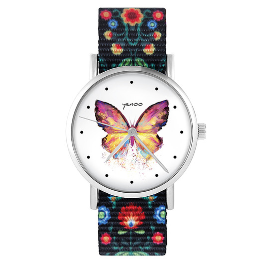 zegarki damskie Zegarek - Motyl - folk czarny, nylonowy