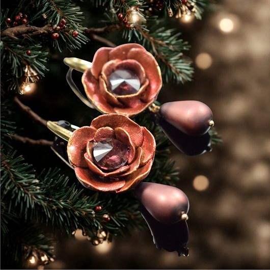 kolczyki z masy plastycznej Eleganckie kolczyki kwiaty ze szklaną kroplą