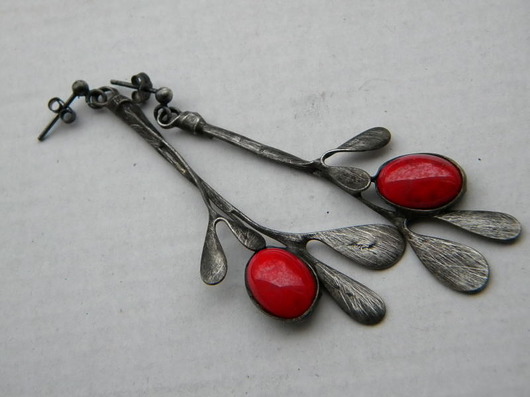 kolczyki wire wrapping czerwień  -gałazki -  kolczyki
