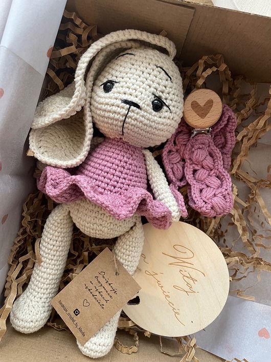 przytulanki dla niemowląt i dzieci Gift box dla dziewczynki, króliczek maskotka na szydełku, prezent dla dziecka